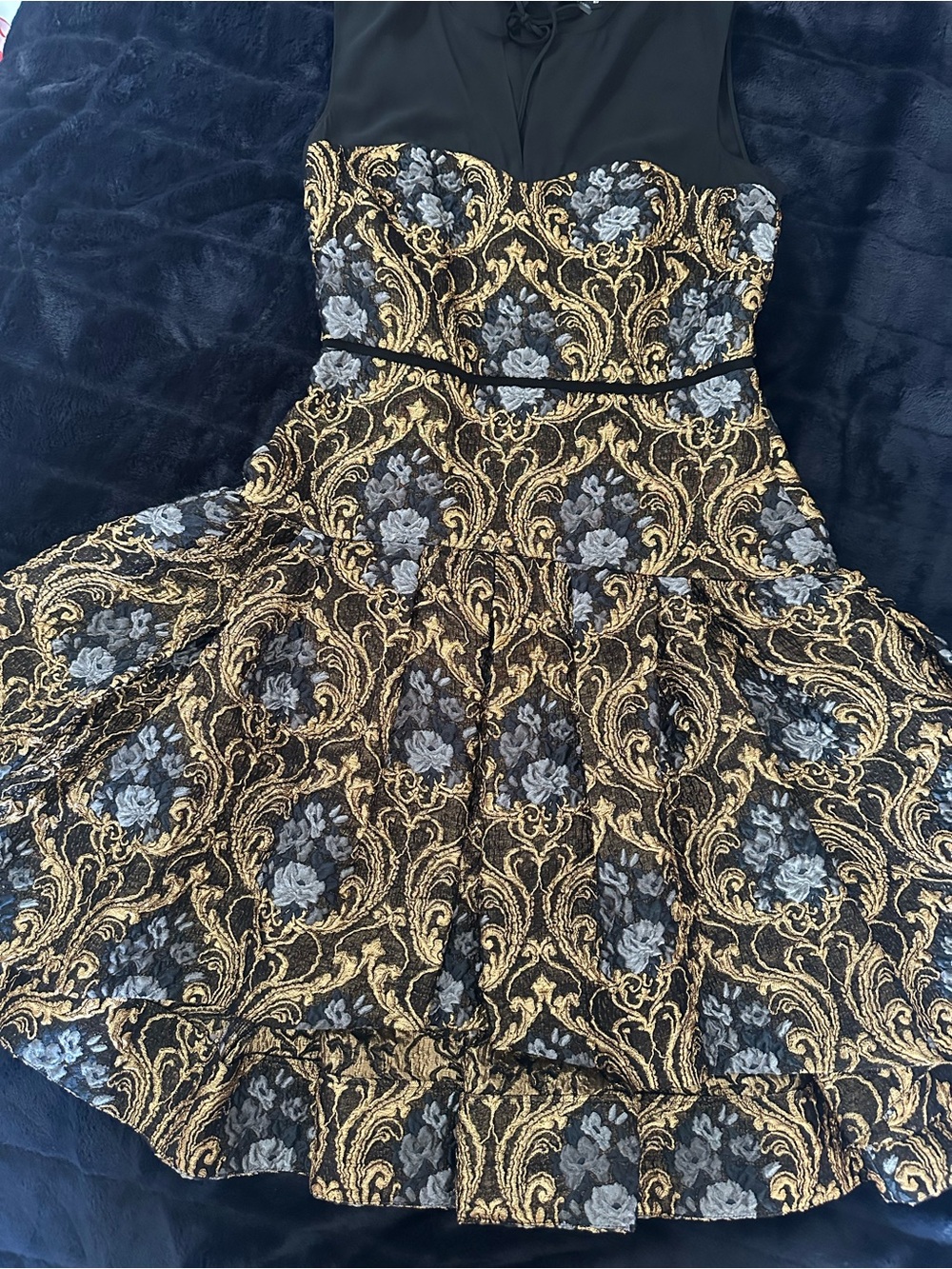 Gold Brocade Floral Fit-and-Flare Dress with Black Bodice